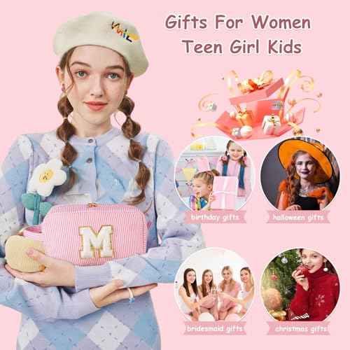 YOOLIFE Birthday Gifts for 4 5 6 7 8 9 10 11 12 13 14 Year Old Girl, Teen Girl Gifts Trendy Stuff, Initial Makeup Bag, Travel Toiletry Pouch, Pink M