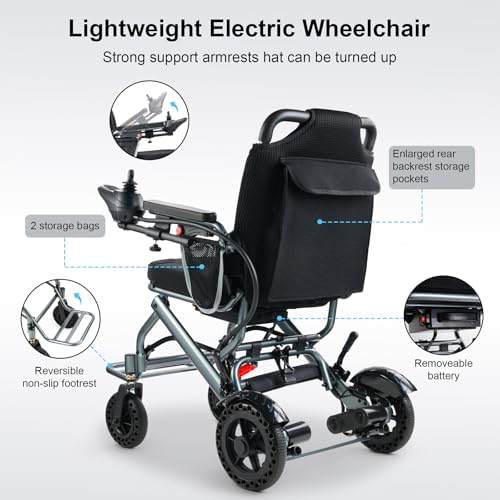 Lightweight Foldable Electric Wheelchair, Only 33lbs, Wheelchairs for Adults, Removable Lithium Battery, All Terrain Portable Motorized Wheelchairs for Seniors, Airline Approval (Grey) (Grey)