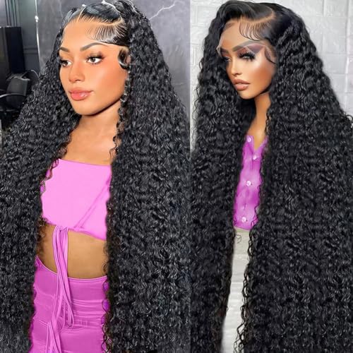30 Inch Deep Wave Lace Front Wigs Human Hair 13x4 HD Transparent Deep Curly Lace Frontal Wigs Human Hair Glueless Wig pre Plucked 200% Density Natural Color