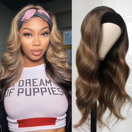 Body Wave Headband Wig Human Hair Highlight Ombre 22 Inch Glueless None Lace Front Wigs Brazilian Virgin Hair #4/27 Honey Blonde Headband Wigs for Black Women 150% Density