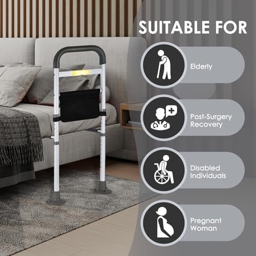 Bed Rails for Elderly Adults Safety Adjustable Bed Assist Handle with LED & Suction Cups - Bed Assist Rails for Seniors, Pregnancy & Mobility Aid 300lbs, Fits Wood/Metal Beds (16.34-19.69" Armrest)