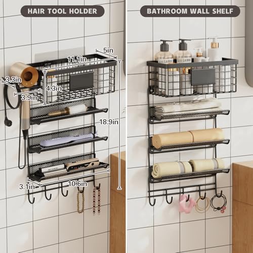 Hair Dryer Holder Wall Mounted, Adheisve Hair Styling Tool Organizer for hair Brush/Appliance Wall Mount with 5 Tier Shelf Basket Hooks Blow Dryer and Straightener Holder for Bathroom(Black)