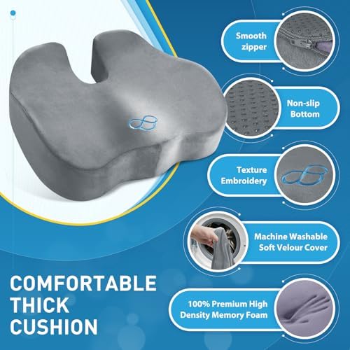 BlissTrends Seat Cushion,Thick Memory Foam Cushions for Office Chair, Car Seat, Airplane, Relieving Pressure Tailbone Sciatica Back Pain for Office Workers, Car Drivers 4.7in Thick LightGrey