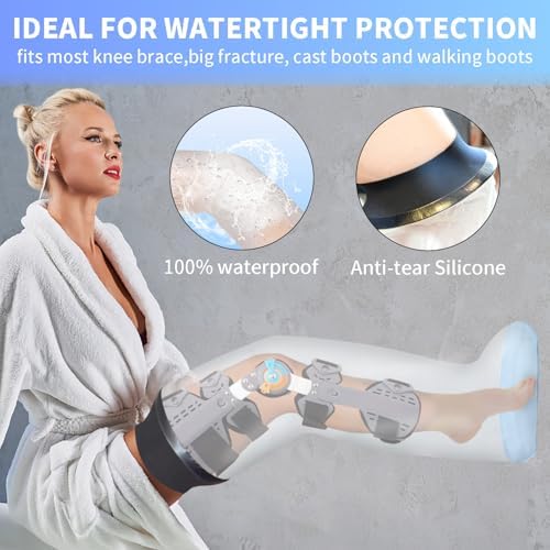 Adult Leg Cast Protector for Shower, KT5105 Waterproof Cast Cover for Shower Leg with Non-Slip Padding Bottom, Full Leg Shower Protector Watertight Protection to Broken Leg, Knee, Foot, Ankle Wound