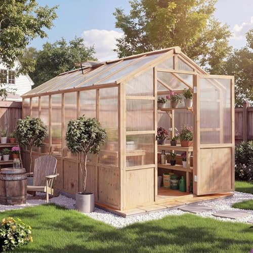 8X14 ft Outdoor Wooden Greenhouse with Lockable Door, Adjustable Roof Vent & Polycarbonate Panels, UV Protection, Large Cedar Wood Walk-in Green House for Garden, Backyard, Patio, Lawn, Light Brown