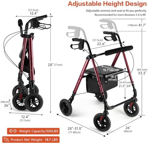 Amblisss Walkers for Seniors with Seat, Foldable Rollator Walker, 300 lbs Weight Capacity, 8" Wheels Dual Height Ajustable, Rolling Walker with Tray for All-Terrain (Red)