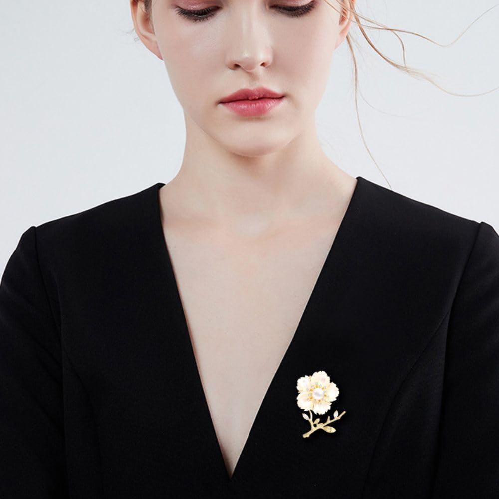 UNVAK Plum Brooch Pin 18K Gold-plated Plum Blossom Brooches Pearl Flower Pin Jewelry Gift for Women Girls