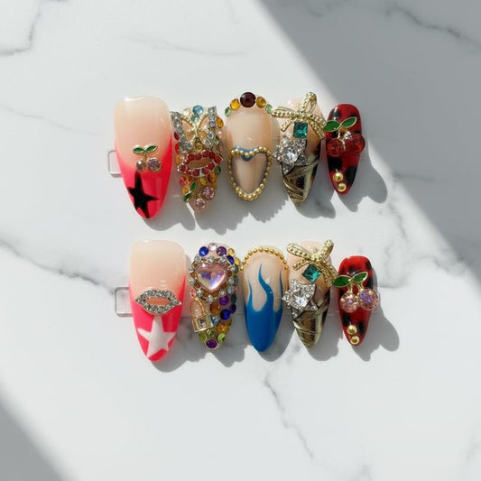 Handmade Press on Nails Almond,3d Heart Stars, Flames,Cherry Motifs Charms,Pink Nails for women,Fake nails with design,S