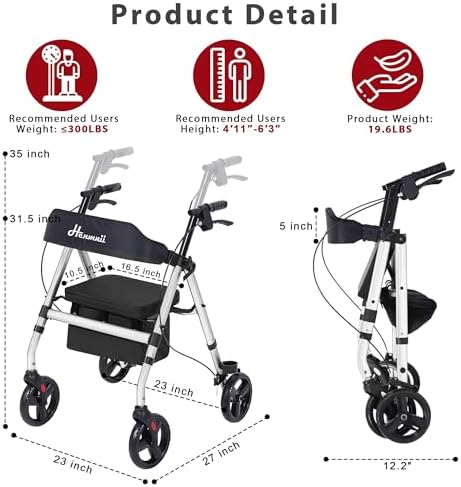 Walker for Seniors, Lightweight Rollator Walker with seat, Foldable Rolling Walker with 8 inch All Terrain Rubber Wheels, Ergonomic Adjustable Handles and Backrest for Seniors and Adult.