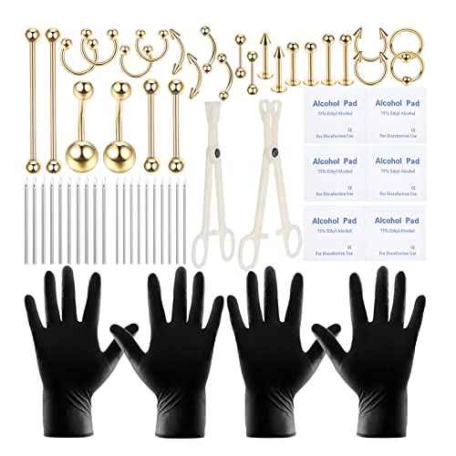 58PCS Body Piercing Kit Surgical Steel 14G 16G BCR CBR Labret Lip Rings Cartilage Daith Earrings Belly Button Rings Nose Septum Piercing Jewelry Needles Gloves Clamps Tools