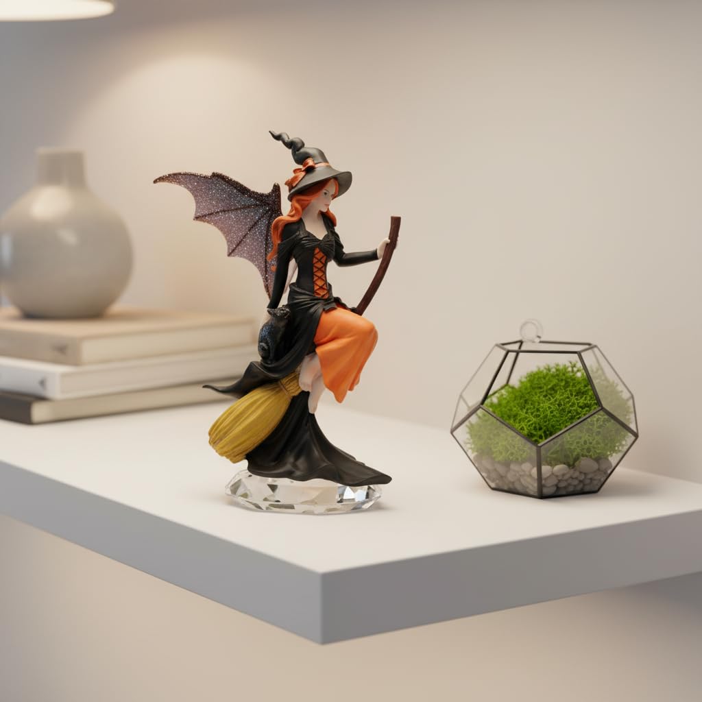 Comfy Hour 8" Gothic Fairy Witch Figurine on Broom, Fantasy Sorceress Statue with Mystical Wings, Spooky Halloween Indoor Decor Accent, Polyresin Artisan Crafted Sculpture, 1 Unit
