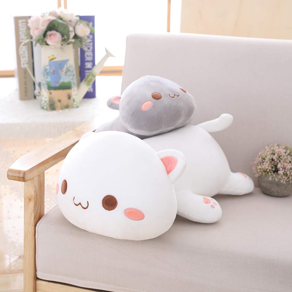 Jensquaify Cat Stuffed Animals, Soft Cat Plush Pillow Kawaii Kitten Stuffed Animal Toy Gifts for Kids (Grey Round Eyes, 13.7")