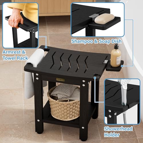 YEFU Shower Chair for Inside Shower: Waterproof/No Maintenance - Shower Stool with Shelf & Handle Weight 400 LBS - Use for Bathrooms/Outdoor - Non-Slip Easy Assemble Bench for Adult/Elderly/Black