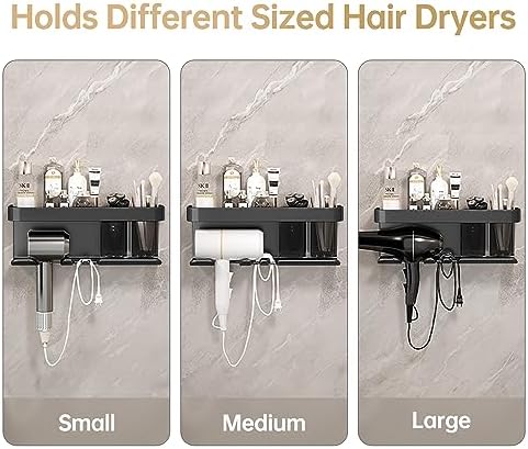 Hair Dryer Holder, Blow Dryer Organizer, Hair Dryer Holder Wall Mounted with Shelf for Bathroom, Salon, Bedroom Organizers & Storage(Matte Black)