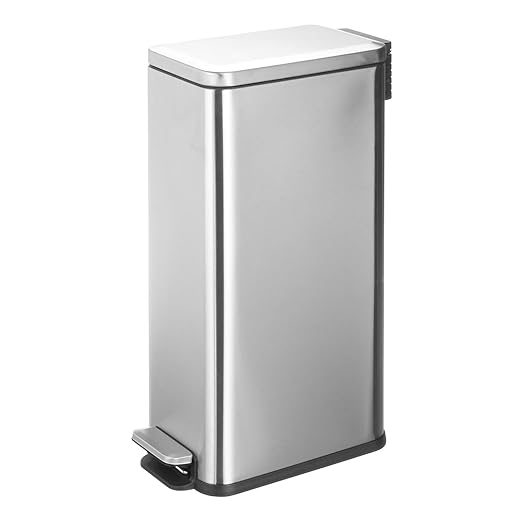 mDesign Slim Metal Rectangle 7.9 Gallon Trash Can with Step Pedal, Easy-Close Lid, Removable Liner - Narrow Wastebasket Garbage Container Bin for Bathroom, Bedroom, Kitchen, Office - Brushed Chrome