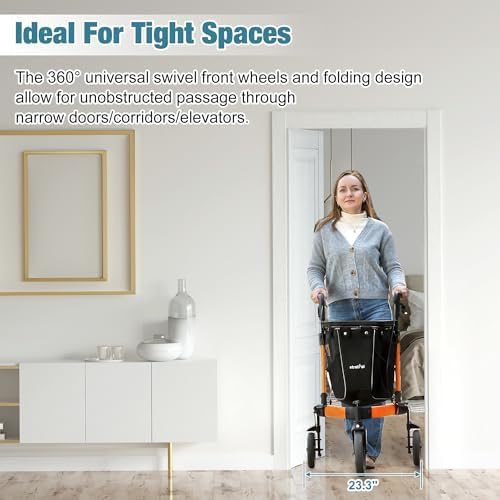 3 Wheel Rollator Walker, Walkers for Seniors, Rollator Walker Lightweight Foldable, with Tray and Large Storage Bag, 10 Inch Front Wheel for All Terrain, Orange