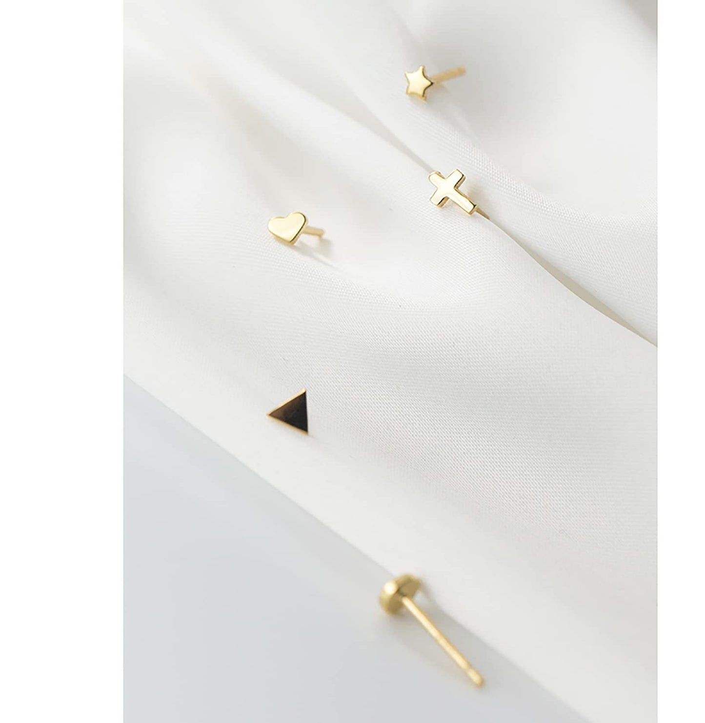 Sterling Silver Stud Earrings for Women Men- 4 Pairs of Hypoallergenic Simple Geometric Small Stud Earring Set Tiny Triangle Square Heart Star Stud Earrings Mini Cartilage Tragus Earrings, Gold