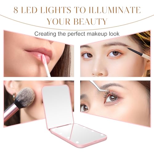 Compact Mirror, 1X/3X Magnification LED Pocket Mirror with Nternal BIattery, Mini Mirror for Purse, Pocket,Travel and Present (Pink)