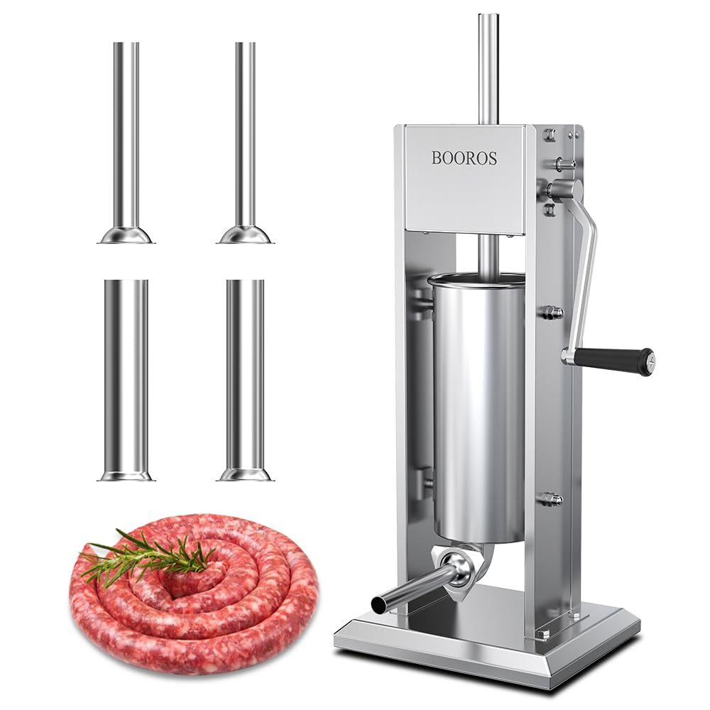 BOOROS Manual Sausage Stuffer 5L/11Lbs Vertical Meat Stuffer 304 Stainless Steel Sausage Maker,Dual Speed, Hand Crank Operation,Easy-clean,Comes Equipped with 4 Stuffing Tubes for Kitchen Restaurant