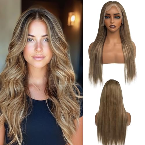 Belaved 6T6P18 13x4 Ombre Lace Front Wigs Human Hair for Women Ash Brown to Blonde Highlights HD Straight Lace Frontal Wig Human Hair 16 Inch 150% Density Pre Plucked Bleached Knots Glueless