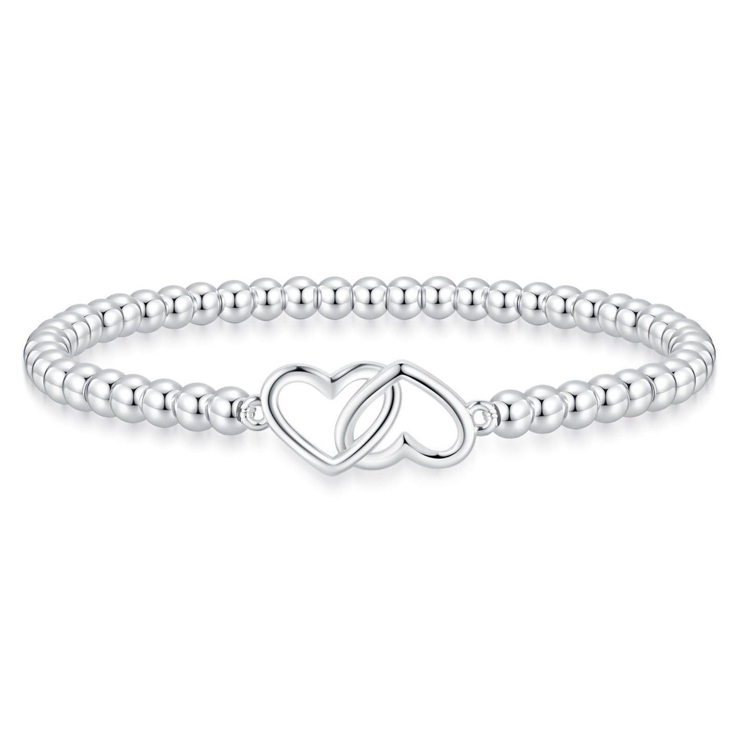 Beaded Bracelets for Women 14K Silver Gold Plated Stretch Handmade Ball Bracelets Cute Charm Bracelet Dainty Stackable Cross Heart Bow Wave CZ Circle Trendy Jewelry Easter Gifts (double-heart-silver)