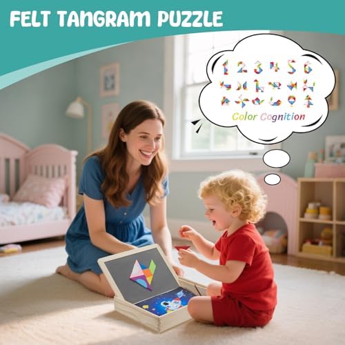 Wooden Sensory Sequin Box |Calm Down Corner Kit with Sensory Sequin Flip Mats,Space-Themed Felt Puzzle & Felt Tangram | Calming Corner Items for Kids -Sensory Room Must Haves