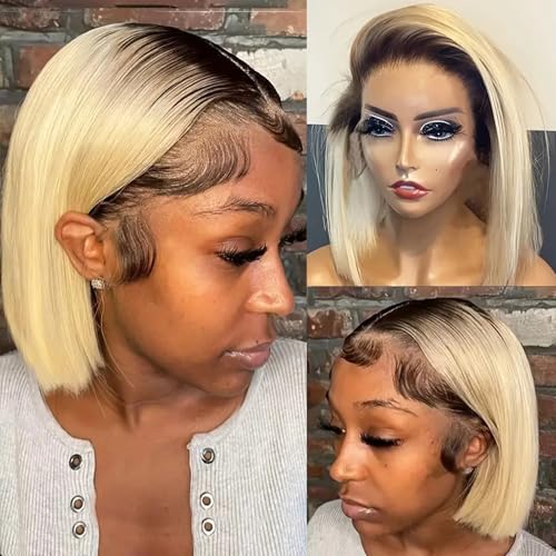 13x4 Hd Blonde Bob Lace Front Wigs Human Hair for Black Women,14" 150% Density Glueless Pre Plucked Ombre Blonde Straight Remy Brazilian Virgin Human Hair Wig with Baby Hair