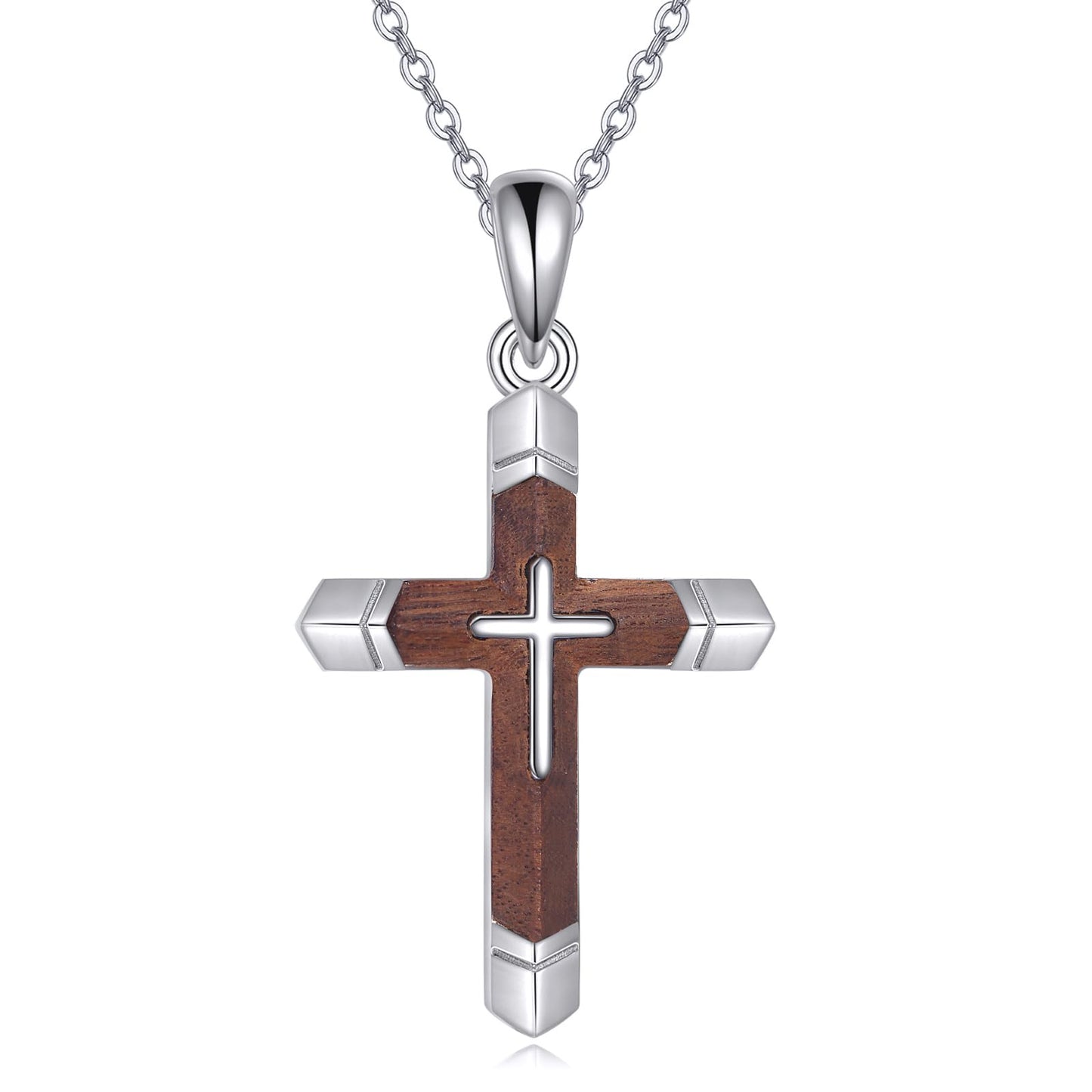VONALA Wooden Cross Necklace 925 Sterling Silver Christian Wood Crucifix Pendant Religious Jewelry Gifts for Women Men