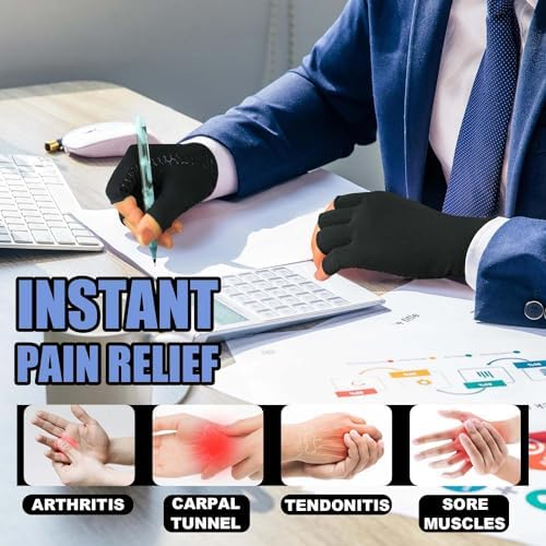 2 Pairs Copper Arthritis Gloves for Carpal Tunnel Pain Relief, Compression Gloves to Alleviate Hand Pain, Swelling, Fingerless Computer Typing Gloves for Rheumatoid, Tendonitis Women & Men (X-Large)