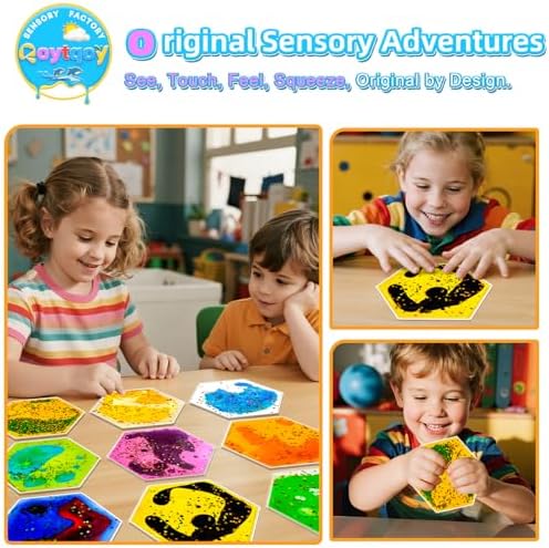 Squishy Liquid Sensory Gel Tiles 9 Packs - Hexagon Liquid Sensory Toys for Stress Relief & Fidget Fun, Washable Sensory Floor Tiles for Toddles 3+ Home, Classroom, Travel