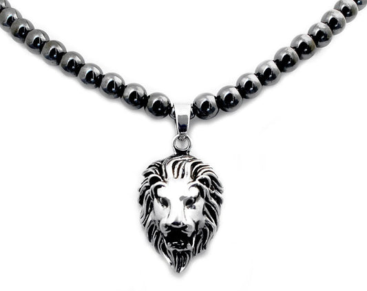 Accents Kingdom Men's Hematite Therapy & Healing Stone Round Bead Necklace With Stainless Steel Lion Head Pendant 18"