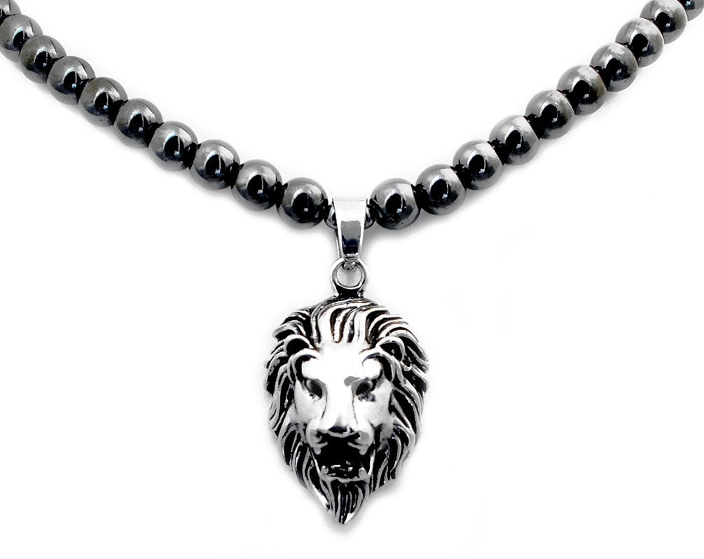 Accents Kingdom Men's Hematite Therapy & Healing Stone Round Bead Necklace With Stainless Steel Lion Head Pendant 24"