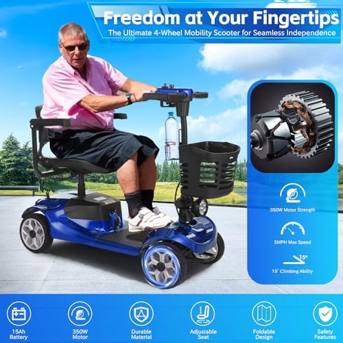 15 Miles Ecomobi MS01 4 Wheels Mobility Scooter for Adults/Seniors, 350W Powered Electric Wheelchair Device w/360WH Battery, 300LBS Capacity, Cup Holder/Rotating Seat, Compact Duty Mobile for Elderly