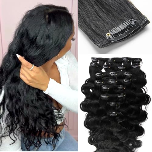 KRN Clip in, 135g 8 pcs Full And Thick Body Wave Hair Extensions Clip ins for Black Women 12A Natural Black Real Hair Extensions Clips in Human Hair with 20 Clips Easy to Wear 24 Inch