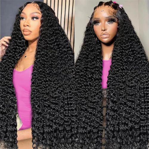 28 Inch Deep Wave Lace Front Wigs Human Hair 13x4 Deep Curly Frontal Wig Pre Plucked 180% Density HD Transparent Lace Front Wigs for Black Women Deep Wave Frontal Wigs with Baby Hair