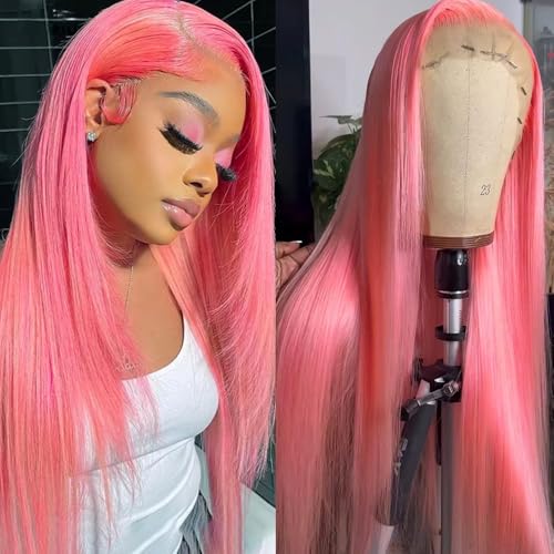 Pink Lace Front Wig Human Hair Straight 13x4 HD Transparent Lace Front Wig Pre Plucked with Baby Hair 20 Inch Colored HD Lace Frontal Wig For Black Women