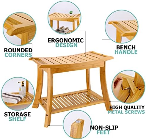VVW Bamboo Shower Bench & Stool with Storage Shelf, Bath Benches for Inside Shower, Bathroom Stools 2-Tier Spa Seat for Adults Elderly (Beige)