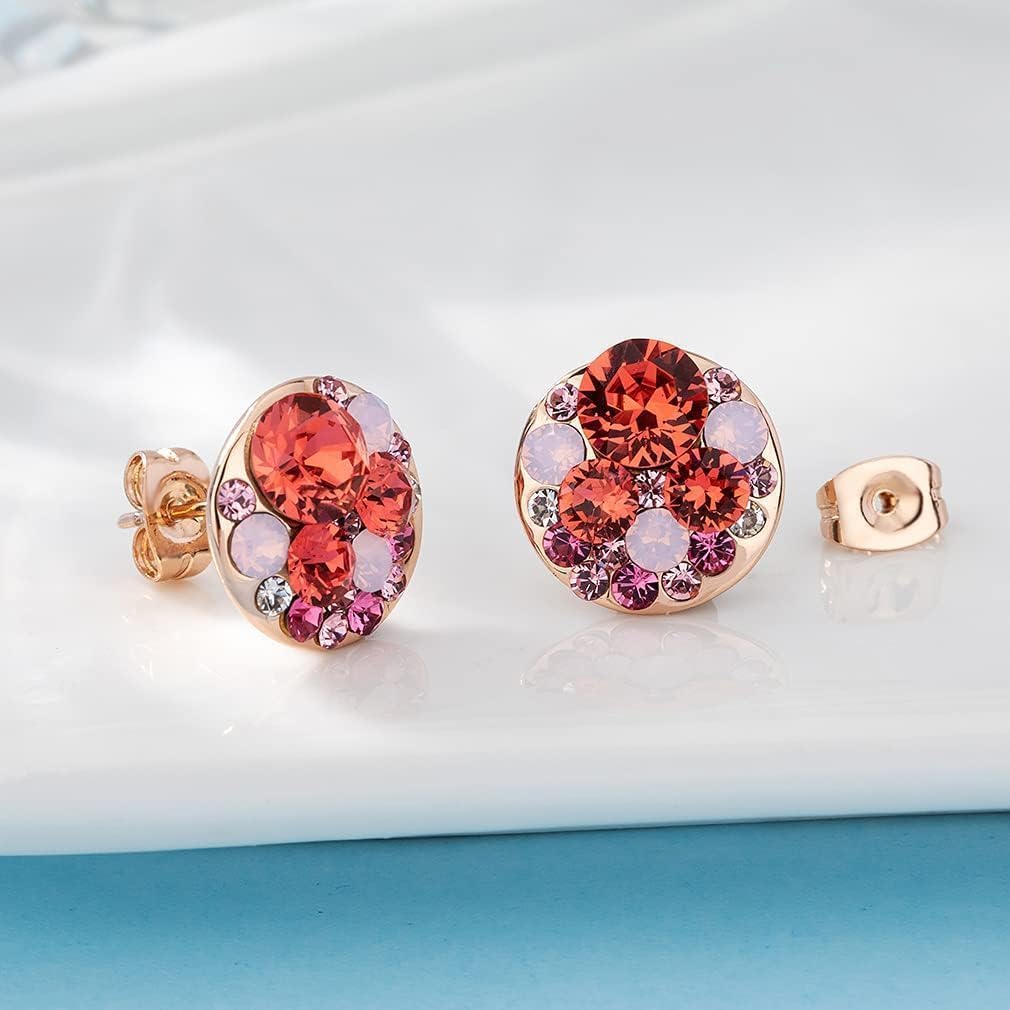 Multicolored Austrian Crystal Rhinestone Stud Earrings for Women Fashion S925 Sterling Silver Hypoallergenic Jewelry (Pink Red Crystals/Rose Gold-tone)