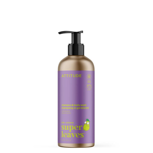ATTITUDE Shampoo and Body Wash for Kids, EWG Verified Hair and Body Cleanser, Dermatologically Tested Soap, Plant and Mineral Based Bath Products, Vegan, Refillable Bottle, Vanilla and Pear, 16 Fl Oz