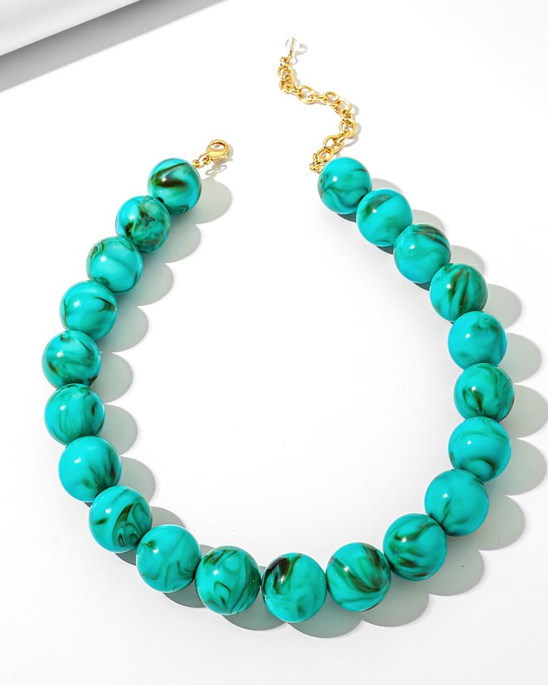 FAUTHENTICUTE Turquoise Choker Necklace for Women Large Turq. Blue Beaded Necklaces Boho Chunky Beaded Collar Statement Trendy Summer Beach Jewelry Gifts