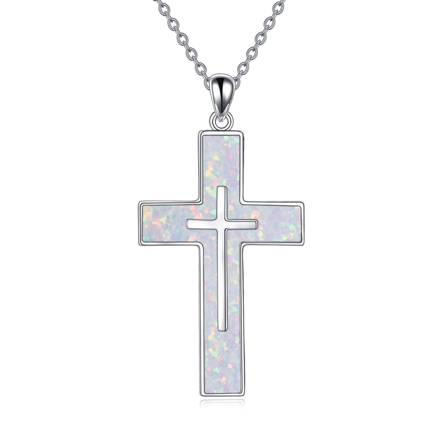 YFN White Opal Cross Necklace Sterling Silver Cross Pendant Jewelry Gifts for Women Men