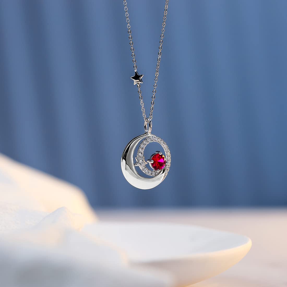 FANCIME Ruby Necklace 925 Sterling Silver July Birthstone Moon Star Pendant Red Created Gemstone Fine Jewelry Birthday Anniversary Mothers Day Gifts for Women Mom Daughter, Adjustable Chain 16"+2"