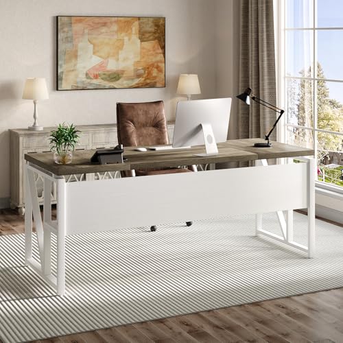 LITTLE TREE 63-Inch Executive Office Desk, Large Computer Desk with Storage Shelf, Executive Desk with Metal Frame, Thickened Desktop, Study Writing Desk Work Station for Home Office, Grey + White