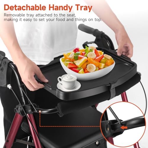 Amblisss Walkers for Seniors with Seat, Foldable Rollator Walker, 300 lbs Weight Capacity, 8" Wheels Dual Height Ajustable, Rolling Walker with Tray for All-Terrain (Red)