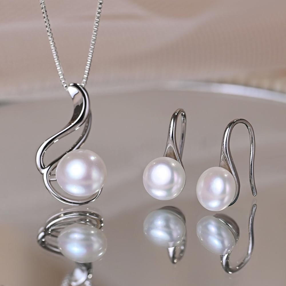 HENGSHENG Pearl Jewelry Set For Women 927 Sterling Silver Necklace Pearl Pendant & Pearl Earrings Freshwater Pearl Drop Jewelry Set for Wedding Prom Gift