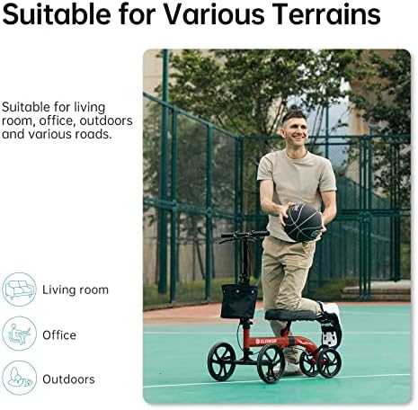 ELENKER Best Value Knee Walker with 10" Front Wheels Steerable Medical Scooter Crutch Alternative with Dual Braking System Red