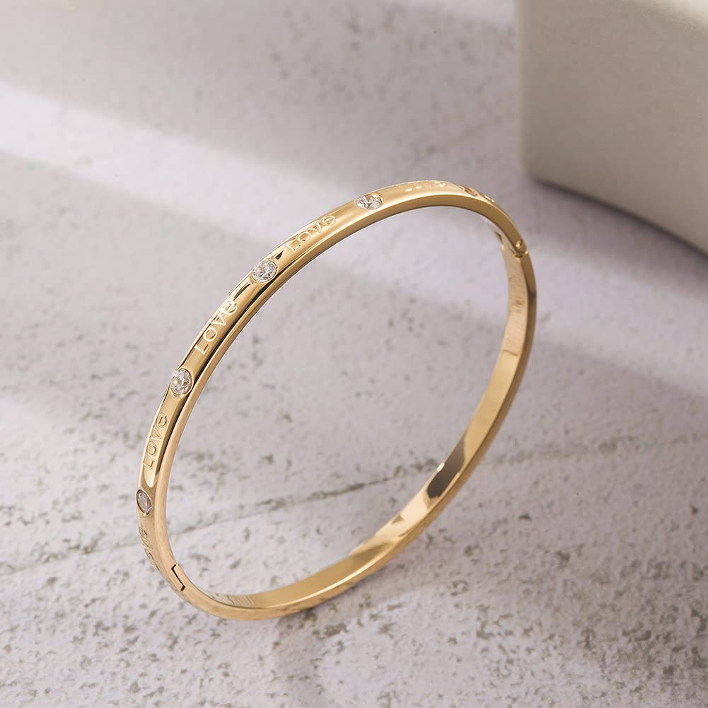 WISTIC Gold Love Thin Bangle Bracelet for Women Stainless Steel Metal Gold Plated Cuff Bangle Jewelry for Men and Adults Fashion Gift