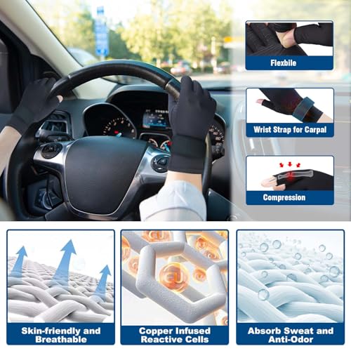2 Pairs Pack Compression Gloves for Women Men, Copper Arthritis Gloves for Hand Pain Relief, Carpal Tunnel Wrist Support, Rheumatoid, Joint Swelling,Fingerless for Computer Typing(Large/X-Large)