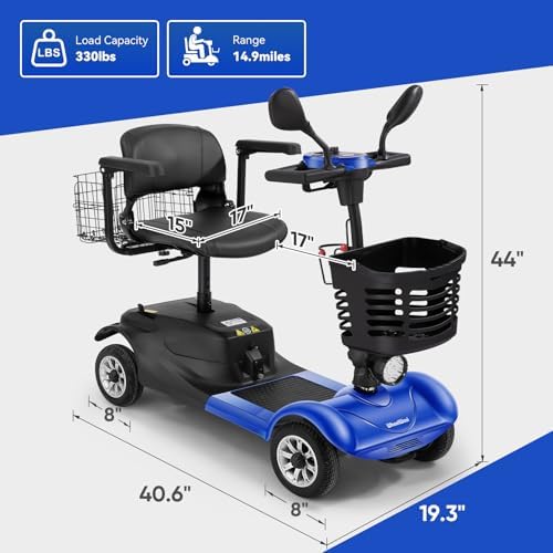 4-Wheel Mobility Scooter for Adults & Seniors - Heavy-Duty Compact Travel Scooter with Long-Lasting Battery, LED Lights, Basket & Portable Design (Blue)