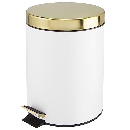 mDesign Pedal Bin â Metal Waste Bin with Pedal, Lid and Plastic Bucket Insert â Perfect for Bathroom, Kitchen, and Office â Household Rubbish Bin with Ergonomic Design â White/Gold